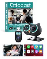 „Ottocast“ belaidis „CarPlay“ tiesioginis vaizdas galinėse sėdynėse. „Ottocast“ laidinis „CarPlay“ į galinę sėdynę. „Ottocast“ salono priežiūros sistema, galinė sėdynė. „Car baby Zero 1080P“ pločio sistema. juoda