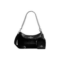 Coach Teri Pouch 24 Logo Mark Wrinkled Patent Leather Handheld Shoulder Bag Medium Women Handbags Black CCD78-SVBK Basic Set (Bag+Dust Bag)