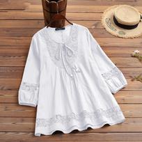 Women Crew Neck 3/4 Sleeve Blouse Lace Crochet Patchwork Tops Plus Size XS balta