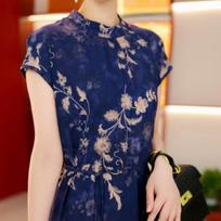 2026 Spring/Summer Lightweight Luxury Kimono-Style Blue Floral Over-the-Knee Dress L mėlyna