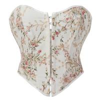 White Floral Print Strapless Corset Top Front Hook Boned Bustier for Women S balta
