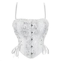 White Jacquard Corset Top with Lace Trim Spaghetti Straps Front Hook Boned Bustier with Side Ribbons for Women S balta