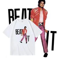 Amerikietiškas Michael Jackson Mj Retro spaudinio medvilninis apvalios apykaklės trumpomis rankovėmis vintažinis gatvės stiliaus viršutinis drabužis berniukams ir mergaitėms S black