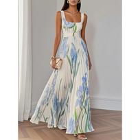 Women's European American Style Floral Printed Pleated Sling Long Maxi Dress S