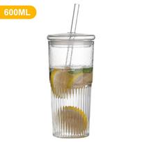 600 ml Dryžuoti Stikliniai Puodeliai Skaidrūs Puodeliai Su Dangteliu Puodelis Stiklinis Šiaudelis Ledo Kavos Puodelis Arbatos Puodelis Sulčių Stiklinė Pieno Vandens Puodelis Indai Gėrimams 600ml gray