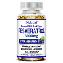 Resveratrolis 3000 mg maisto papildas, su juoduoju pipiru, geresnis įsisavinimas 120 Capsules