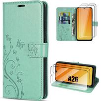 Case for Samsung Galaxy A26 5G - BOOLING - Synthetic Leather Floral Relief Pattern - Green - 2 Tempered Glasses žalia