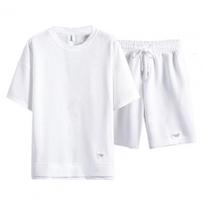 2 vnt./rinkinys Vyriškas vasaros sportinis kostiumas O formos iškirpte trumpomis rankovėmis T-shirt Elastingas juosmuo Reguliuojamas raištelis Plati kojų šortų rinkinys Vaflinis tekstūros M balta