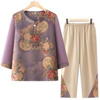 Grandma-Style Summer Two-Piece Set: Short-Sleeved Chinese Design for Elderly Women in 60s-70s. 6XL (recommended 160-175 jin)