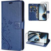 Case for Samsung Galaxy A36 5G - BOOLING - Navy Blue Synthetic Leather with Butterfly Pattern - 2 Tempered Glasses mėlyna