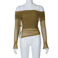 GMXIA Women's Fall Pure Sexy Spice Girl Strapless Neckline Long Sleeve Sweater Top S armijos žalia spalva