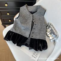 Retro temperament velvet splicing women's  new high-end vest top M [Recommended below 50kg]