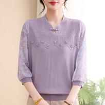 Chic Spring Knit Top with Mandarin Collar - Seven-Sleeve Blouse with Sheer Sleeves for Middle-Aged Women 3XL (120-135 jin) violetinė