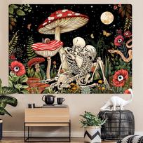 Mushroom Skull Tapestry Wall Hanging Skeleton Floral Tapestries Aesthetic Room Decor Trippy Plant Nature Art Bedroom Decoration 95x73cm