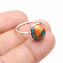 Spiny Oyster Turquoise Ring 925 Sterling Silver, Orange Blue Oyster Turquoise Gemstone Ring, Handmade Boho Jewelry, Unique Statement Ring 4 oranžinė