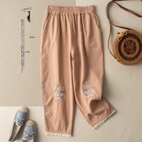 Moteriški medvilniniai lininiai siuvinėti kasdieniai kelnės - Retro, laisvo kirpimo, liekninantys su nėrinių apdaila, vasaros stilius 2022. XXL rožinė