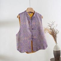 Bada Haojing pattern imitation disc buckle stand-up collar clothing fabric star with the same vest women's top satin cloth XXXL [Recommended 138-75kg] violetinė