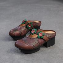 5,5 cm karvės natūralios odos moteriški vasariniai basutės batai tuščiaviduriai slip-on guminiais stambiais kulnais etninėmis aplikacijomis šlepetės loaferiai bateliai 35 ruda
