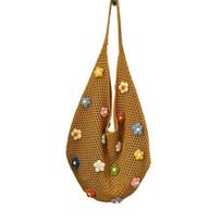 Boho Crochet Shoulder Bag Knitted Beach Bag with Colorful Flowers Lightweight Woven Tote for Women Girls Summer Holiday Travel Picnic Shopping geltona