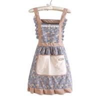 Oil-proof Cotton Apron with Pockets Woman Apron Uniform Princess Skirt Apron  Kitchen mėlyna
