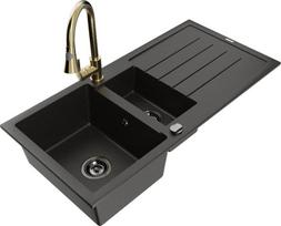 Granitinė virtuvinė plautuvė Mexen Andres su maišytuvu ir sifonu, Metallic black/gold