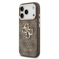Guess PU Leather 4G Metal Logo Gold Frame dėklas skirtas Apple iPhone 17 Pro rudos spalvos