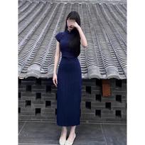 Improved cheongsam dress women's summer small temperament chic navy blue hip-wrapped long skirt S- (can be worn within 45kg)