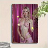 Vintažinio stiliaus aliuminio sienos meno kūrinys su seksingu rožiniu bikini  Žibančiomis žvaigždėmis  Patvarus metalinis dekoras namams, kavinei, barui, garažui ar Ga 20x30cm（7.8x11.8inch）