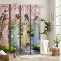Vintažinė Art Nouveau dušo užuolaida 180X180cm – Trys elegantiškos moterys gėlėtoje aplinkoje, Boho Chic vonios dekoras, Dovana, 12 kabliukų W110H175(CM)-1 Pcs gray