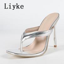 Fashion Liyke Silver High Heels Flip Flops Women Slippers Fashion Clip Toe Narrow Band Square Toe Sandals Party Slides Shoes Size 35-42 35 sidabras