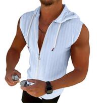 Men Hooded Zip-up T-Shirt Jacquard Sleeveless Hoodie Tee Stylish Textured Summer Tank Top for Gym Street Party Holiday S dangaus mėlyna spalva