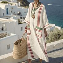 Summer Elegant Plus Size Kaftan Maxi Dress V Neck Half Sleeve Geometric Print Loose Fit Flowy Big Swing Casual Beach Vacation Holiday Long Dress S žalia