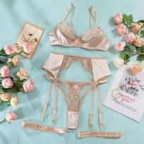 French sexy three-point perspective erotic underwear mesh embroidery splicing gathered bra thong four-piece set S