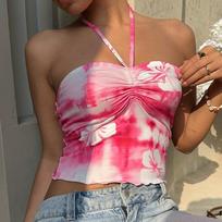 Casual-style Halter Top, Summery and Sexy Tie-dye Crop Top, Bandeau Top for Women L
