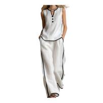 Women's Summer 2 Piece Outfits Casual Sleeveless Button V Neck Top And Wide Leg Pants Vacation Lounge Sets with Pockets L balta