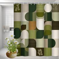 Mid Century Modern Geometric Shower Curtain Olive Green Coffee Overlapping Ellipse Rectangle Textured Grid Bathroom Decor W60H190(CM)-1 Pcs