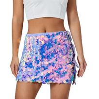 Women Mini Skirt High Waist Side Lace-up Design Short Skirt Shiny Sequins Hip S violetinė