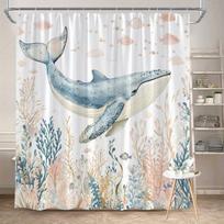 Whale In Coral Reef Shower Curtain – Serene Watercolor Scene With Pink Coral & Fish, 70X70  Polyester With Hooks W60H190(CM)-1 Pcs