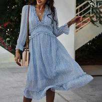 Women's Fashion Long Sleeve V-neck Skirt Pleated Knee-length Print Dress S mėlyna
