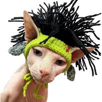 Tampoma medvilninė punk katės kepurė su ausų skylutėmis – subtilus mezgimas, paruošta žiemai Sfinksų plikoms katėms, kačiukams ir Devon Rex veislėms juoda