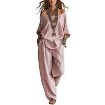Two Piece Matching Lounge Sets for Women Casual Off Shoulder Long Sleeve Top And Wide-Leg Pants Summer Boho Outfits S rožinė