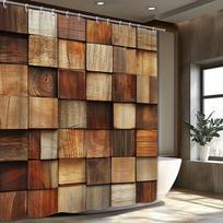 Kaimiško medžio plytelių rašto dušo užuolaida, 180X180cm, stilinga visų sezonų ruda, komplekte 12 kabliukų W60H190(CM)-1 Pcs brown