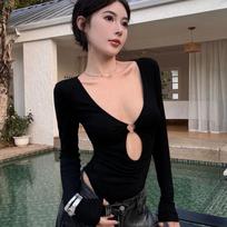 Sexy Black Hollow Hot Girl T-shirt Bodysuit Waist Tight Slimming Bottoming Long-sleeved One-piece Top S juoda