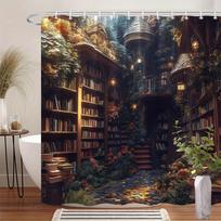 Enchanting Library Shower Curtain, Spiral Staircase & Bookshelves, Magical Autumn, Polyester,12 Hooks, Perfect For Book Lovers W60H190(CM)-1 Pcs