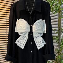 Black Shirts Women Lace Bow Decoration Vintage Loose Long Sleeve Spring Sweet Tops Streetwear Lady Clothing Stylish Chic XS juoda