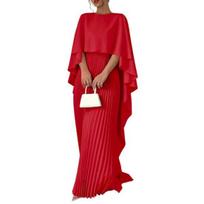 Women's Pleated Flowy Maxi Dress Split Cape Sleeve Formal Wedding Guest Dress Cocktail Evening Party Long Dress S raudona