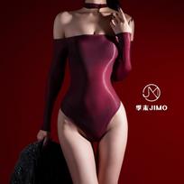 End-of-season shiny and silky long-sleeved shoulder onesie ultra-thin sexy lingerie perspective tights One size fits all【80-120】 raudona