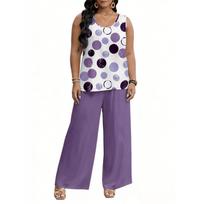 Women's 2-Piece Casual Printed Short-Sleeve Top And Wide-Leg Pants Set L violetinė