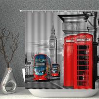 Londonas Big Ben Raudona telefono būdelė Retro Vonios kambarys Dušo užuolaida Vandeniui atsparus poliesterio audinys Namų dekoracija Menas Vonios užuolaidos W60H190(CM)-1 Pcs
