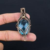 Blue Topaz Gemstone Handmade Pure Copper Wire Wrapped Pendant Jewelry For Memorial Day 2.79 Inches mėlyna